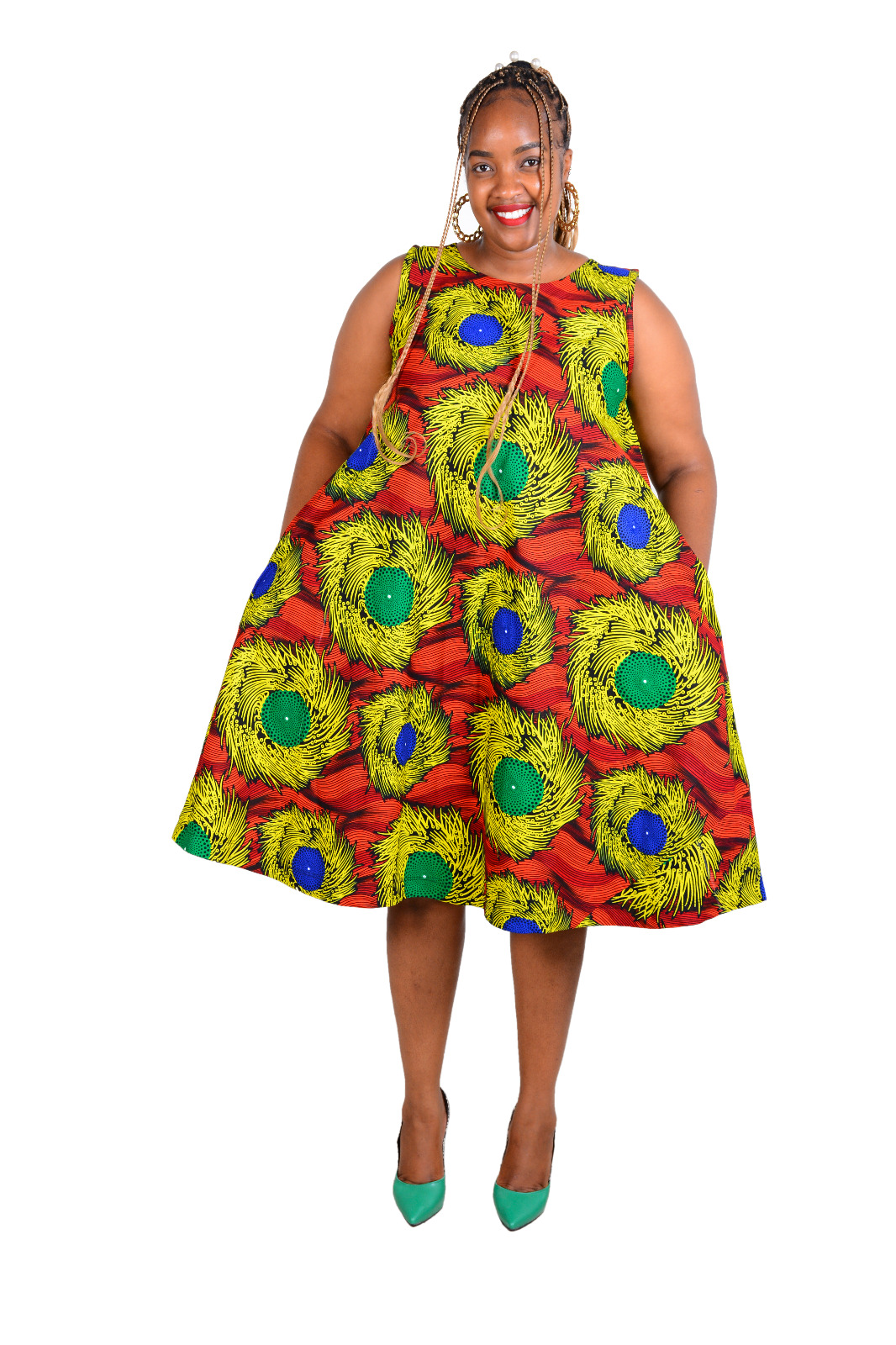 Zola Flare Dress - Kitenge Bold Peacock Print Sleeveless A-Line Dress