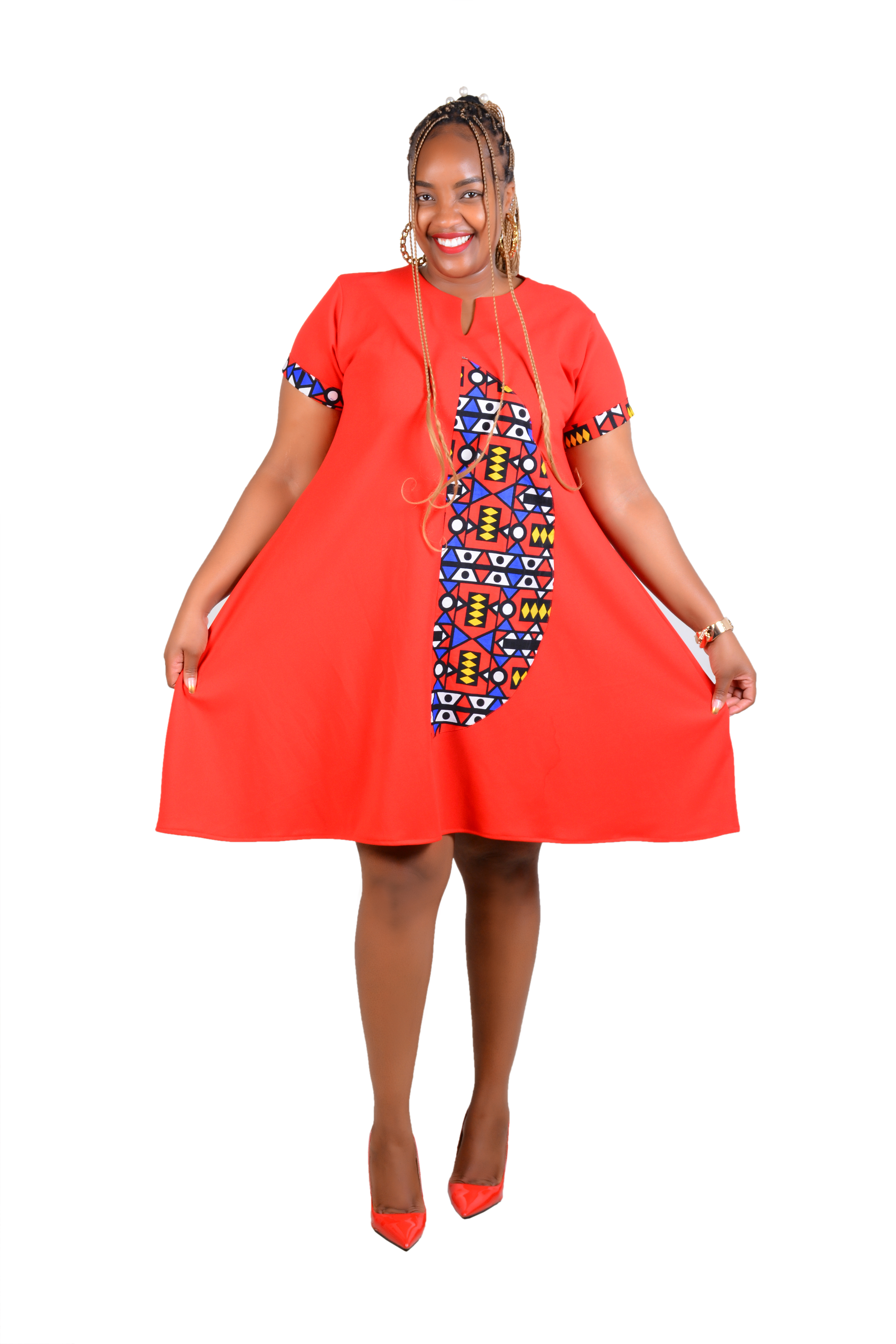 Kitamu Chic Dress -Red Short-Sleeve Flared Dress with African Print Accents