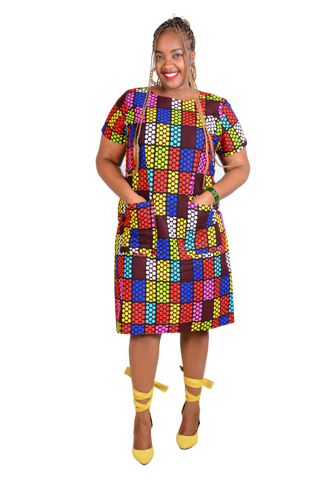 Nairobi Noon - Shift Colorful African Print Knee-Length Dress with Pockets